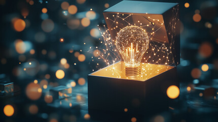 Innovative Idea and Inspiration Concept: Open Box with Glowing Light Bulb