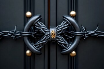 Heavy prison door with bolts and barbed wire above, capturing the intense security and finality of prison entrances, symbolizing closure and restriction