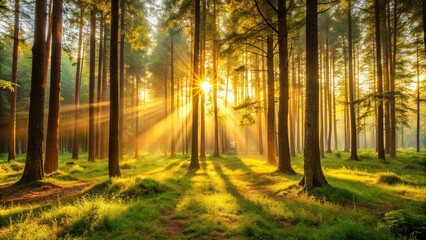 Fototapeta premium A serene forest with a golden light filtering through the trees at dawn, landscape, peaceful