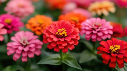 Obraz premium Vibrant zinnia garden bed filled with a striking color contrast of red pink and orange flowers creating a lush natural background with a deep depth of field