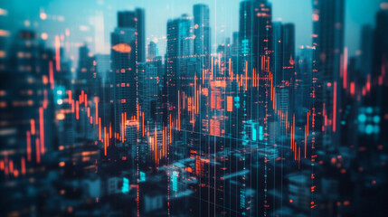 A city skyline with digital market graphs displayed at dusk, showcasing financial trends and data
