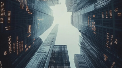 Looking up at modern skyscrapers in an urban setting during a cloudy day