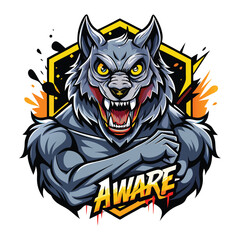 aggressive grey wolf head mascot logo