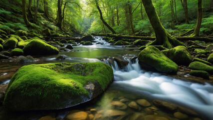 Serene forest stream flowing over moss-covered rocks, surrounded by lush greenery. Perfect depiction of tranquility and untouched nature in a forest setting.