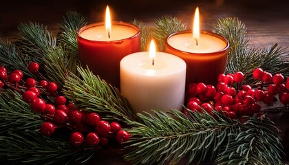 Festive Candle Arrangement with Red Berries