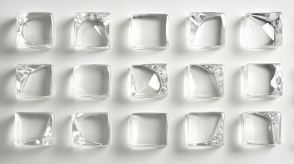 Close-up of clear ice cubes arranged in a grid on white background, open space around