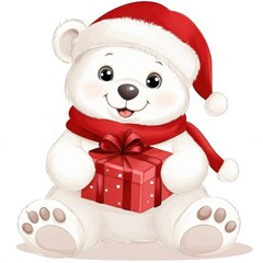 Cute cartoon polar bear in a Santa hat, holding a red gift box. Perfect for holiday and Christmas-themed designs.