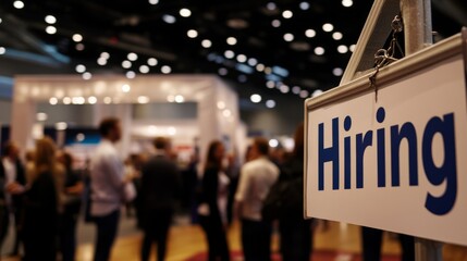 A hiring sign in focus with a blurred background of people at an event, suggesting a bustling job fair atmosphere.