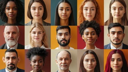 A diverse collage of 16 individuals showcasing various expressions and backgrounds against colorful backgrounds.