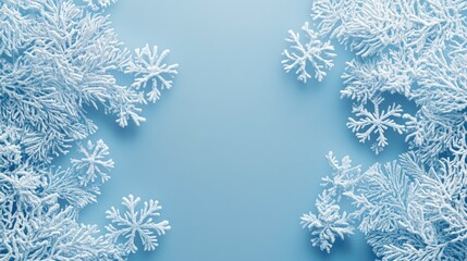 Close-up of intricate snowflake pattern on frosty blue background, ample copy space on sides