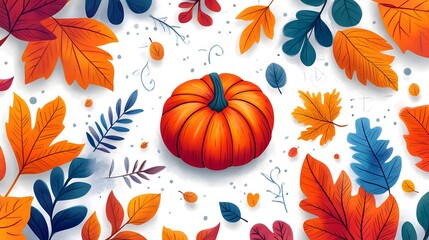 Vibrant autumn illustration with a bright orange pumpkin surrounded by colorful leaves.