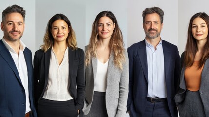Obraz premium A diverse group of five professionals poses confidently in business attire, showcasing teamwork and collaboration in a modern office setting.