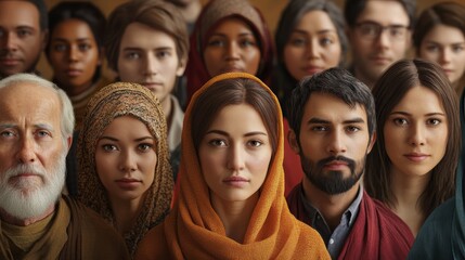 Obraz premium A diverse group of individuals showcases various cultural backgrounds, featuring rich expressions and distinct traditional attire.