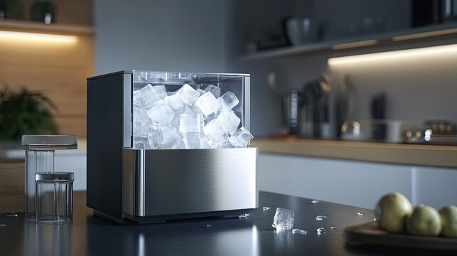 Compact ice maker producing cubes, space for text on upper side
