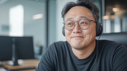 Obraz premium Approachable Office Worker with Headphones Smiling