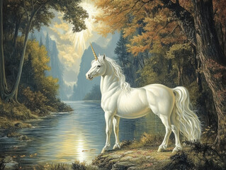 A regal unicorn standing gracefully in a lush, enchanted meadow.