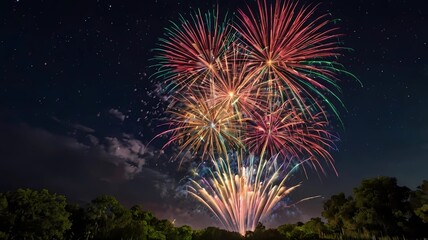 A burst of colorful fireworks exploding in the dark night sky. background fireworks exploding