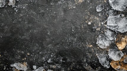 Fototapeta premium Glittering ice on rough dark surface, top view with room for copy on edges