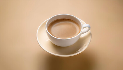 Cup of coffee floating or flying isolated on biege background