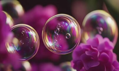 Naklejka premium Close-up of iridescent soap bubbles floating over a purple flower.