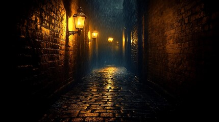 A cobblestone alleyway in a European city is illuminated by streetlights during a rainy night.
