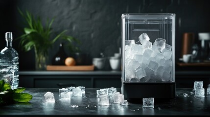 Ice cubes forming inside a compact ice maker, ample copy space on background