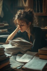 Stressed woman in office with piles of paperwork and anxious expression in soft lighting