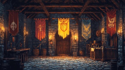 A pixel art depiction of a medieval hall with banners hanging on the walls.