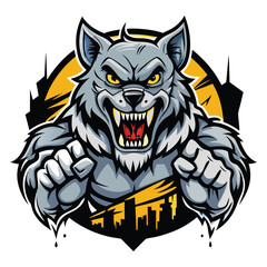 aggressive grey wolf head mascot logo