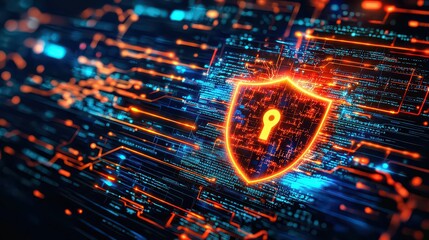 Digital Protection. Firewall. Computer Security. Digital Shield. Firewall in the form of a glowing shield with sparks. Cybersecurity. Network security. Internet security.