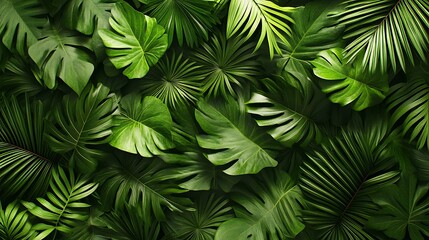 A seamless carpet with layered palm leaves and jungle foliage, vibrant and deep greens, gentle highlights creating a natural depth, tropical ambiance, with high-definition detail in each leaf pattern.