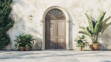 Fototapeta premium Italian villa with stucco walls and arched doors, copy space