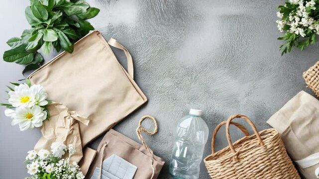 Sustainable Lifestyle Flat Lay: Eco-friendly shopping bags, reusable water bottle, and natural elements create a serene and stylish flat lay.