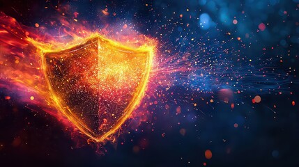 Digital Protection. Firewall. Computer Security. Digital Shield. Firewall in the form of a glowing shield with sparks. Cybersecurity. Network security. Internet security.