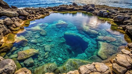A small pool of water forming on the surface of a rocky ocean floor, rock, aqua