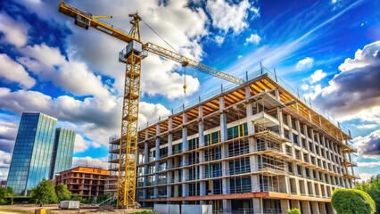 Fototapeta premium Wide-Angle Side shot of a building with a crane in the foreground