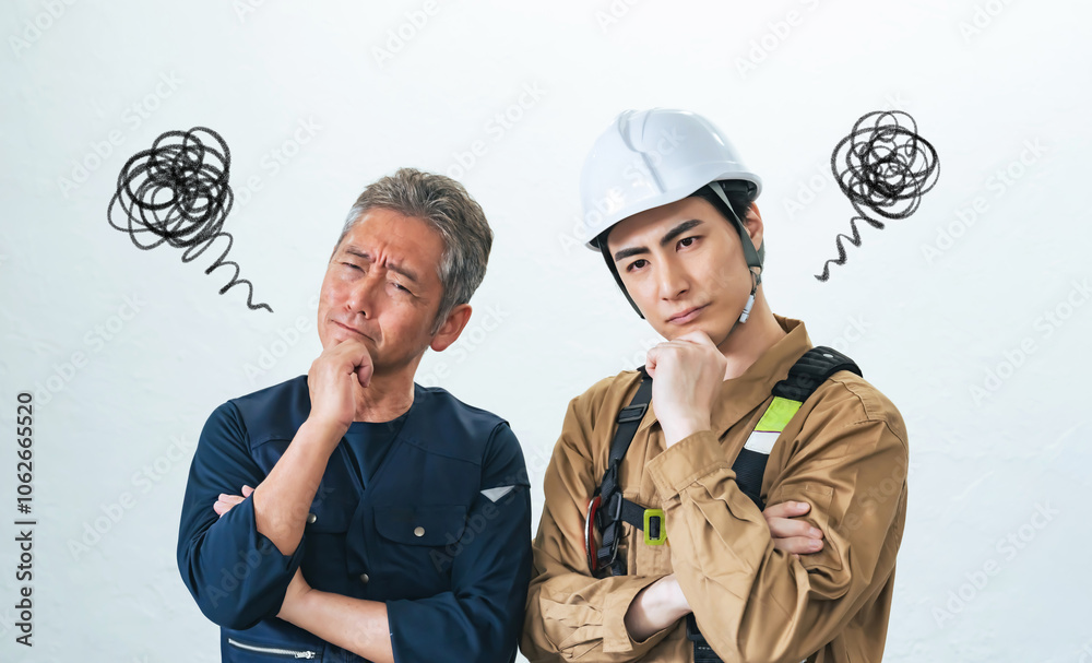 Aufkleber 職人、作業員、大工、落ち込む、がっかり、悩む、不安、心配、不満、困る、トラブル、問題、男性、日本人、シニア、世代交代、事業承継、後継者、親方、棟梁、佐官、鳶職、人材、疑問、悩み、考える、業者、企業、経営、仕事、転職、相談、チームワーク、安全、対策、難しい、現場、建設、工事、建築、住宅、工務店、検査、点検、老朽化、引退、課題、中小企業、ストレス、人物
