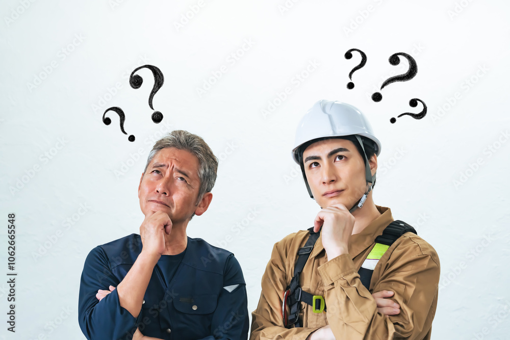 Aufkleber 職人、作業員、大工、悩み、考える、疑問、不安、心配、不満、人手不足、問題、課題、トラブル、親方、棟梁、佐官、鳶職、仕事、転職、引退、世代交代、安全、管理、経営、マネジメント、業者、工務店、建築、建設、工事、現場、はてな、クエスチョンマーク、外注、請負、下請け、チェック、確認、点検、メンテナンス、検査、シニア、ベテラン、困る、相談、悩む、補助金、男性、日本人、人物