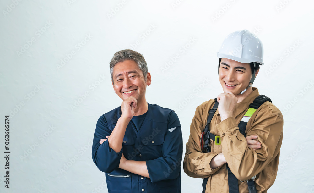 Aufkleber 職人、大工、作業員、笑顔、ポジティブ、チームワーク、建設、建築、工事、現場、期待、男性、日本人、安全、考える、外注、契約、親方、監督、棟梁、佐官、鳶職、工務店、業者、役割分担、仲間、チーム、世代交代、事業承継、請負、下請け、発注、ヘルメット、フルハーネス、協力、談笑、作業服、サポート、サービス、希望、目標、仕事、中小企業、補助金、経営、社長、経営者、内装、リフォーム、人物