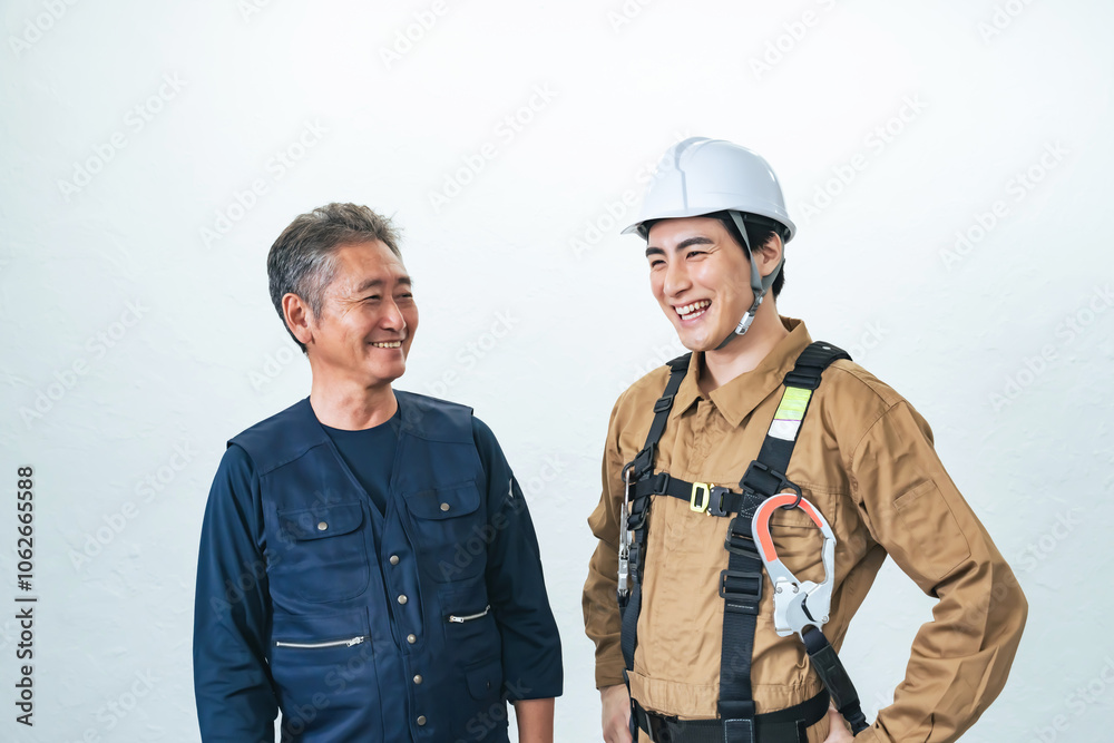 Aufkleber 職人、大工、作業員、相談、会話、笑顔、チームワーク、協力、下請け、請負、工事、建築、建設、チーム、業者、工務店、リフォーム、解体、男性、日本人、コンビ、外注、ベテラン、シニア、注文、住宅、鳶職、佐官、親方、棟梁、世代交代、事業承継、内装、談笑、点検、メンテナンス、新築、現場、監督、打ち合わせ、会議、役割分担、仕事、転職、取引、作業服、安全、確認、発注、人物