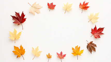 Fototapeta premium An inviting autumn frame of maple leaves in shades of red, yellow, and orange encircles a pristine white background. Each leafâ€™s details, from the veins to the subtle color gradients, create a warm,