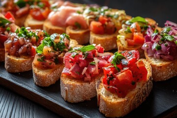 Various bruschetta toppings on toasted bread. Perfect for showcasing various recipes or Italian cuisine.