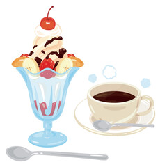 喫茶店の苺バナナパフェとコーヒーセット