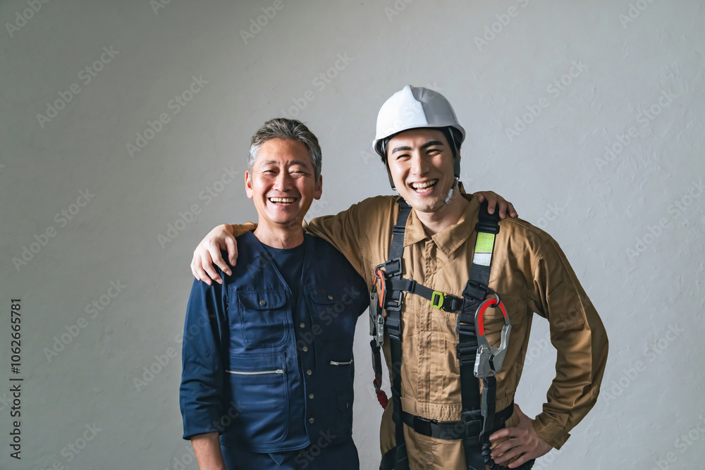 Fototapete 職人、大工、作業員、建設、建築、工事、現場、男性、日本人、チームワーク、仕事、業者、工務店、佐官、鳶、棟梁、コンビ、プロ、職業、人材、安全、フルハーネス、ヘルメット、産業、リフォーム、親方、師匠、師弟、世代交代、仲間、連携、転職、サポート、クール、働く、やりがい、チャレンジ、笑顔、シニア、若い、ポジティブ、仲良し、チーム、グループ、紹介、肩を組む、団結、友人、友情、人物