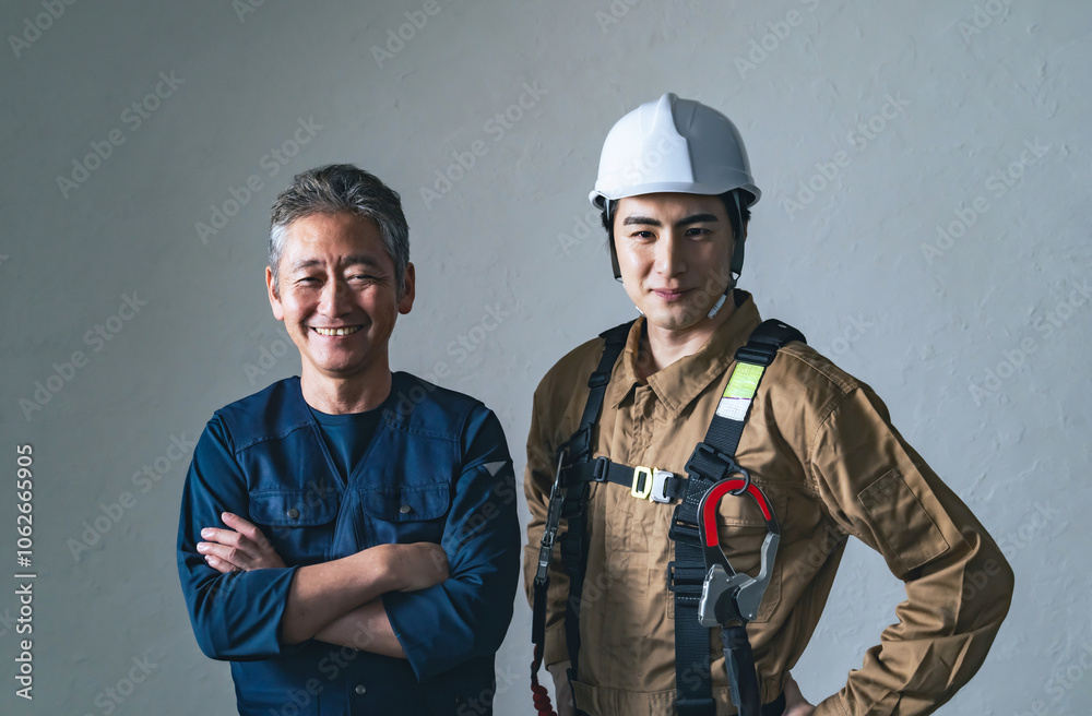 Aufkleber 職人、大工、作業員、建設、建築、工事、現場、男性、日本人、チームワーク、仕事、業者、工務店、佐官、鳶、棟梁、コンビ、プロ、職業、人材、安全、フルハーネス、ヘルメット、産業、点検、メンテナンス、検査、内装、リフォーム、住宅、ビジネス、親方、師匠、師弟、世代交代、仲間、連携、転職、パートナー、サポート、協力、クール、働く、やりがい、挑戦、チャレンジ、笑顔、シニア、若い、人物