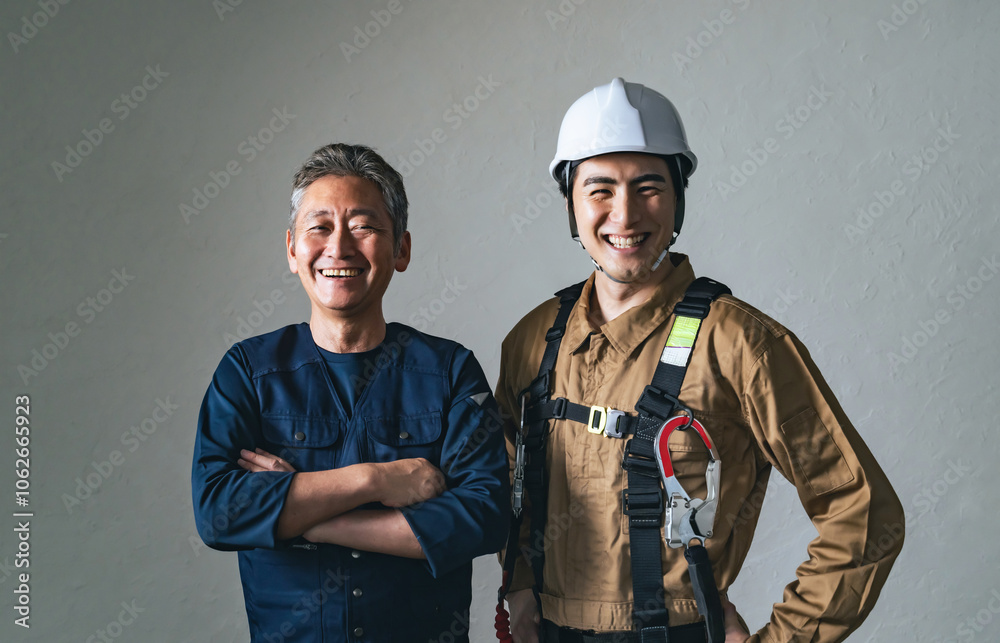Poster 職人、大工、作業員、建設、建築、工事、現場、男性、日本人、チームワーク、仕事、業者、工務店、佐官、鳶、棟梁、コンビ、プロ、職業、人材、安全、フルハーネス、ヘルメット、産業、点検、メンテナンス、検査、内装、リフォーム、住宅、ビジネス、親方、師匠、師弟、世代交代、仲間、連携、転職、パートナー、サポート、協力、クール、働く、やりがい、挑戦、チャレンジ、笑顔、シニア、若い、人物