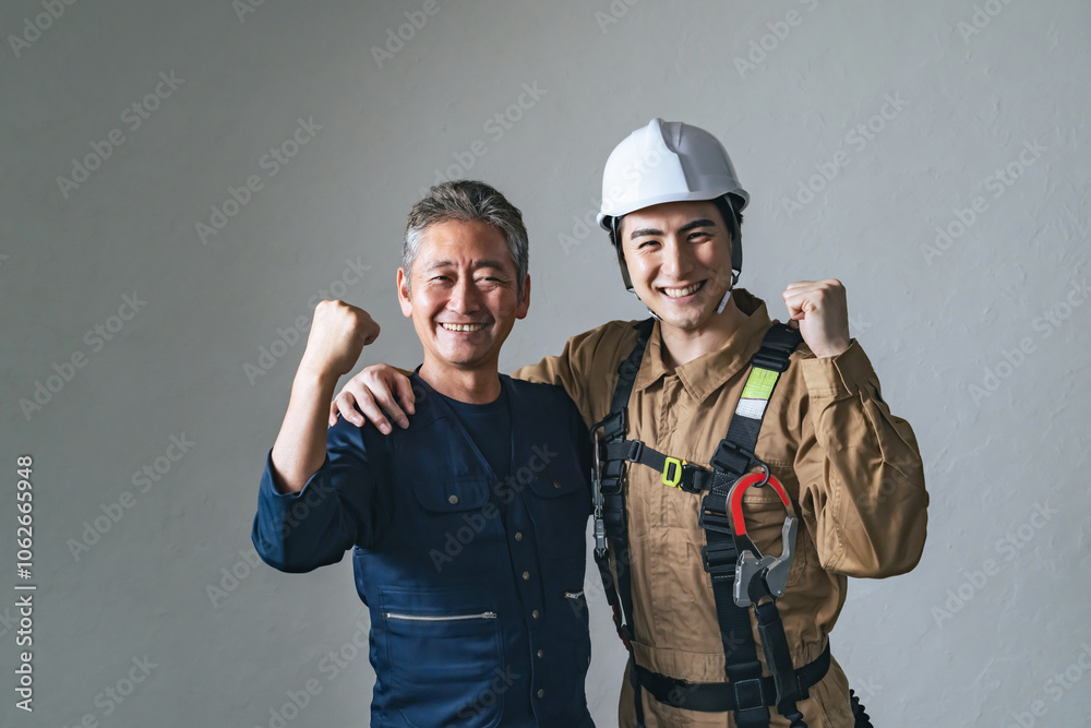 Poster 職人、作業員、大工、ガッツポーズ、チームワーク、建設、工事、仕事、挑戦、チャレンジ、住宅、建築、佐官、鳶職、親方、棟梁、世代交代、若い、シニア、ベテラン、師匠、師弟、フルハーネス、安全、やりがい、目標、人材、工務店、業者、紹介、契約、外注、役割分担、働く、やる気、元気、笑顔、男性、日本人、現場、監督、ヘルメット、仲間、団結、チーム、連携、サポート、クール、かっこいい、人物