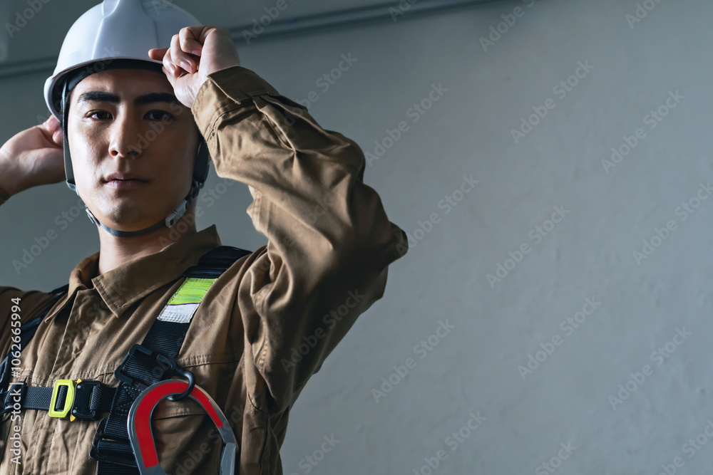 Poster 作業員、ヘルメット、安全、レスキュー隊、消防、救急、フルハーネス、男性、日本人、防災、災害、救助、建設、工事、現場、職人、装備、装着、かぶる、転職、仕事、職業、プロ、業者、コピースペース、人材、かっこいい、クール、ポートレート、ハイパーレスキュー、消防士、遭難、山岳、救助隊、笑顔、出動、大工、佐官、鳶、高所作業、危険、サポート、点検、メンテナンス、ビルメン、検査、修理、修繕、設備、人物