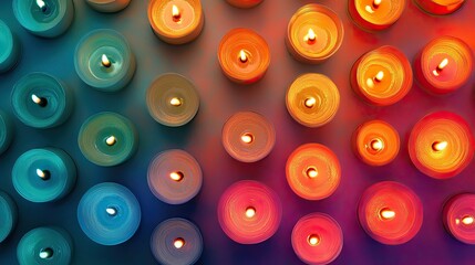 Fototapeta premium Rows of lit diyas on a colorful background, creating a warm glow with copy space for text