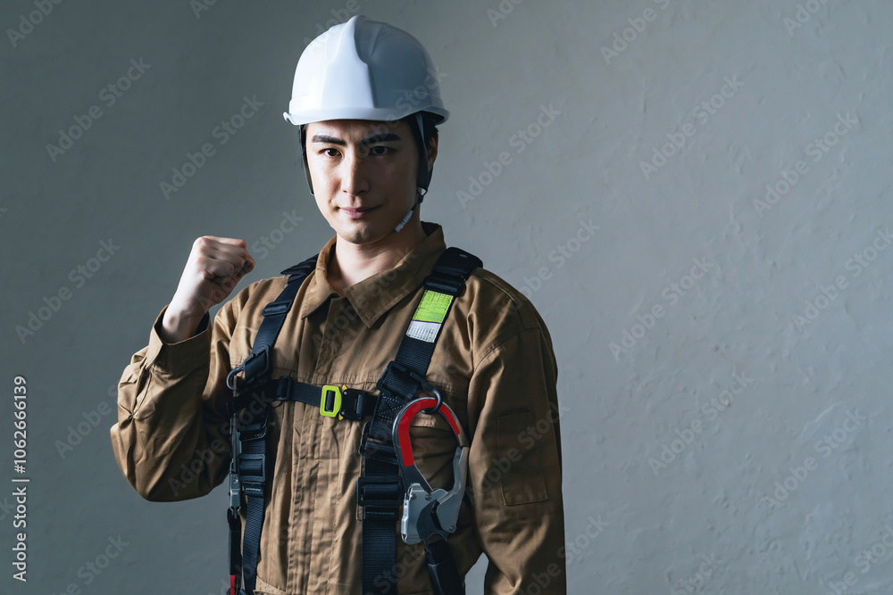 Fototapete 作業員、工事、フルハーネス、男性、日本人、建設、現場、仕事、ガッツポーズ、元気、やる気、応援、チャレンジ、挑戦、目標、充実、満足、やりがい、モチベーション、ポジティブ、がんばる、努力、転職、人材、危険、安全、ヘルメット、働く、イケメン、クール、かっこいい、スポットライト、コピースペース、若い、作業服、大工、職人、佐官、鳶、修理、救急、レスキュー隊、防災、救助、消防、災害、訓練、山岳、ハイパーレスキ